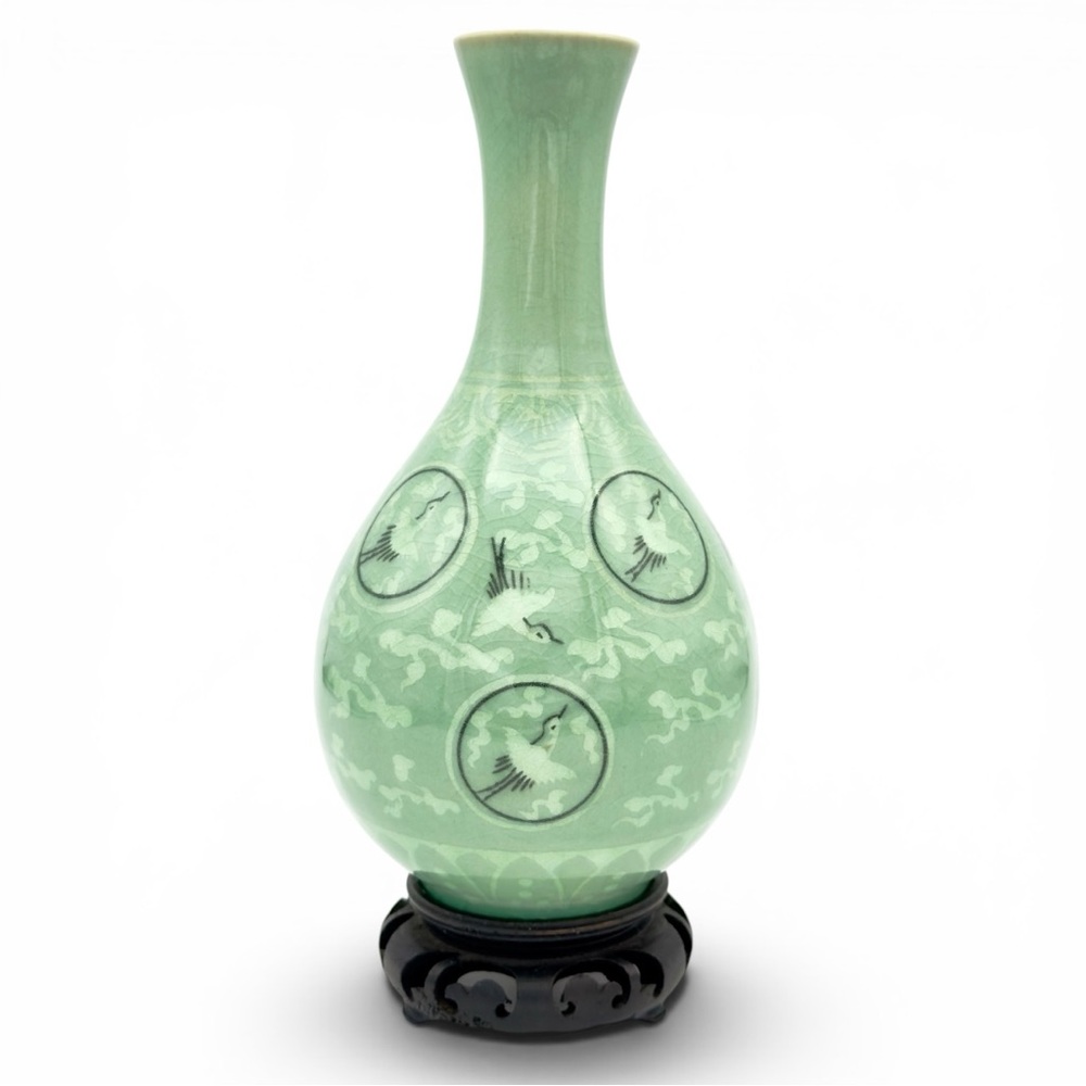 Vintage Korean Celadon Jubyeong Bottle Vase Inlaid Crane Clouds Signed Sukgan